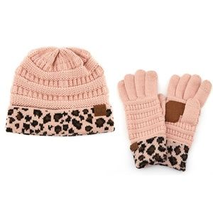 CC Pink Animal Print Beanie and Pink Glove Set